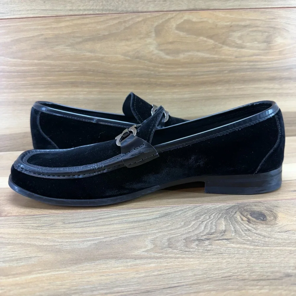 Salvatore Ferragamo Gandioso Black Velvet Loafer Men 10 E Ornament Formal Luxury